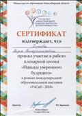 Сертификат участника пленарной сессии "Навыки уверенного будущего" в рамках международной образовательной выставки "УчСиб - 2018"